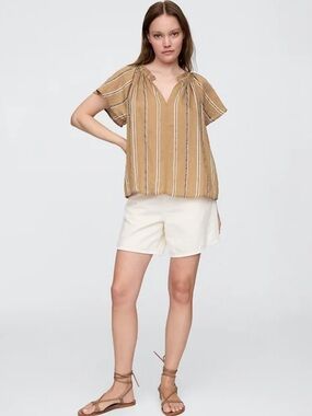 GAP M Brown Blue White Stripe Split Ruffle Neck Raglan Short Sleeve Top